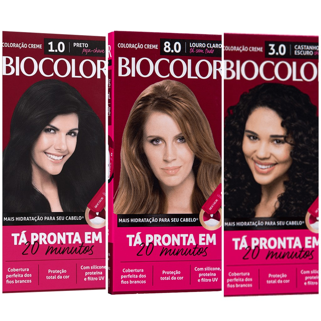 Imagem publicitária de três produtos de tintura para cabelos da Biocolor.
