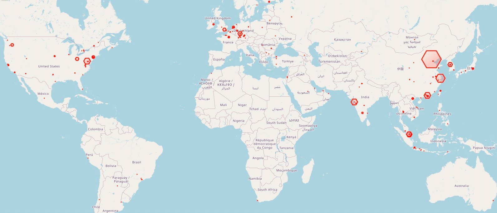 Güvenliği ihlal edilen Redis sunucularının miktarını ve konumlarını gösteren bir harita