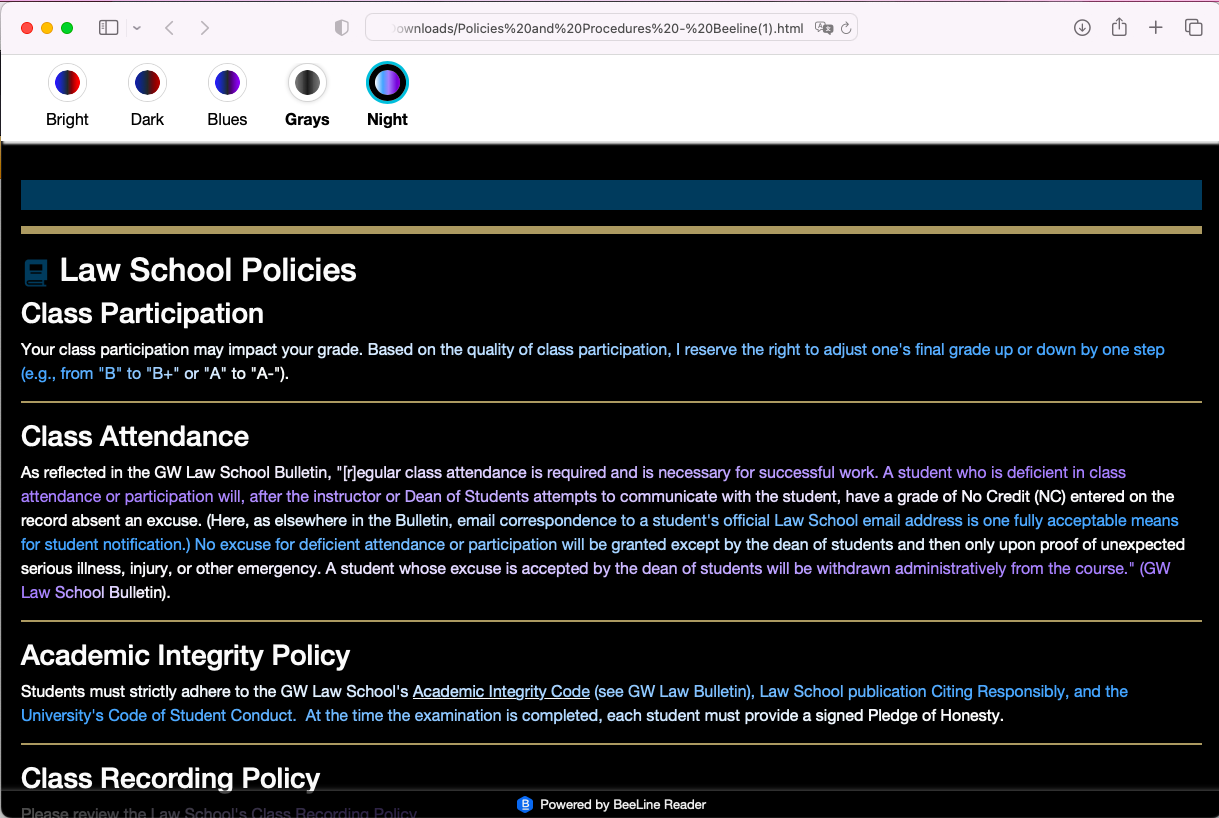 Beeline reader's rendering of the Canvas Policies and procedures page in night mode. Other clickable options include bright, dark, blues, and grays.