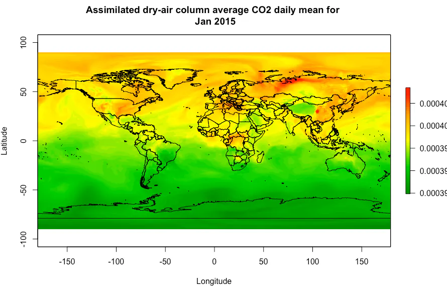 World map showing the average CO2 assimilated on 1 Jan 2015 for the different regions of the earth.