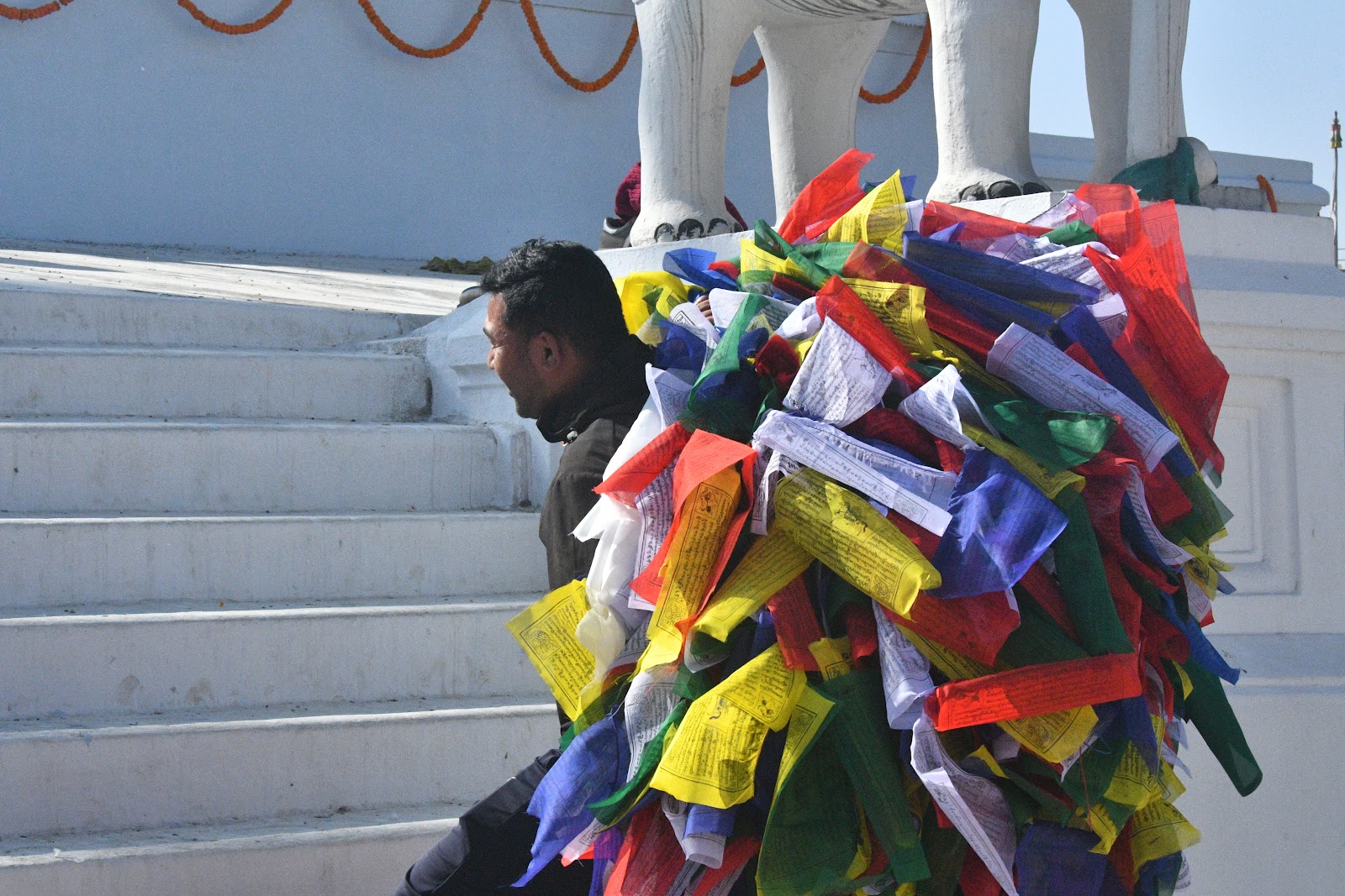 Synthetic prayer flags on Boudhanath Stupa. | Prakash Mathema