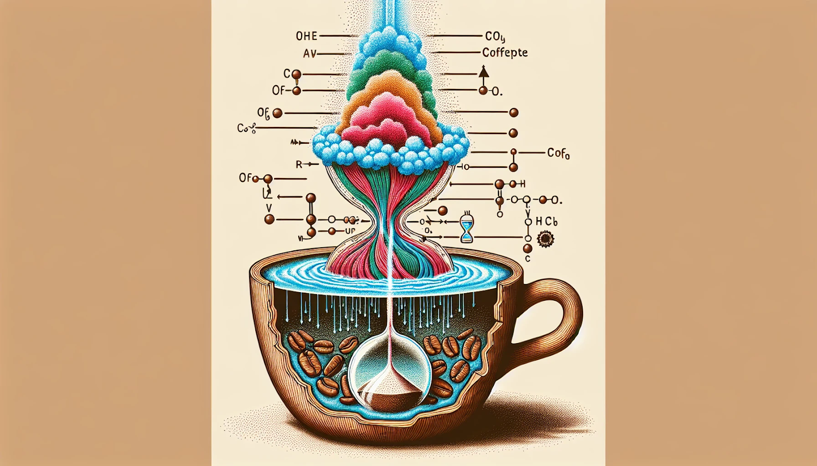 A scientific illustration depicting the extraction process in coffee brewing, emphasizing the importance of longer brewing times