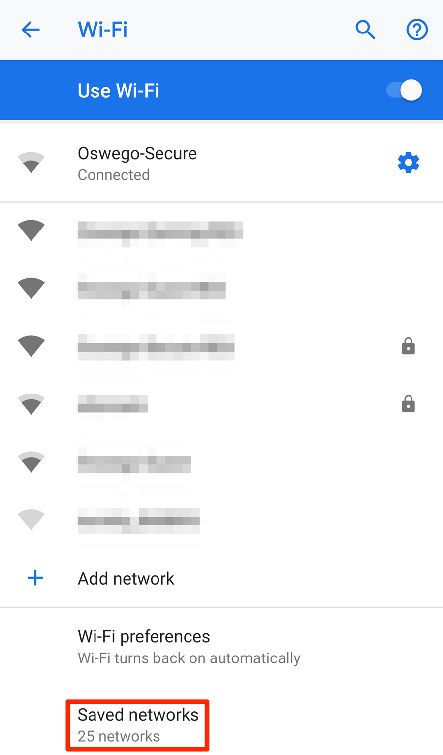 image showing an Android WiFi List