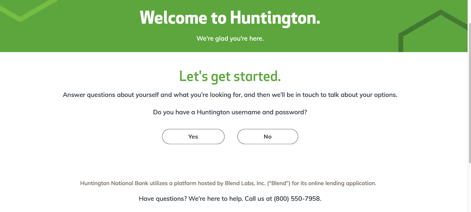 Screesnhot of getting started on Huntington Personal Loan application