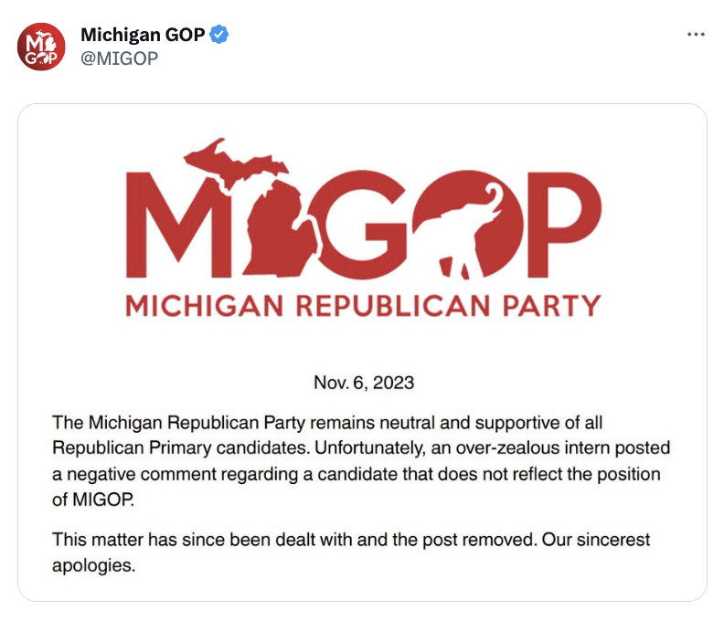 MIGOP tweet stating their neutrality in the Republican Senate primary, despite the since deleted negative tweet about Peter Meijer. 