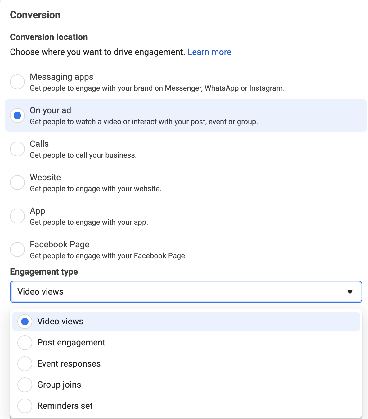 conversion section in meta ads manager