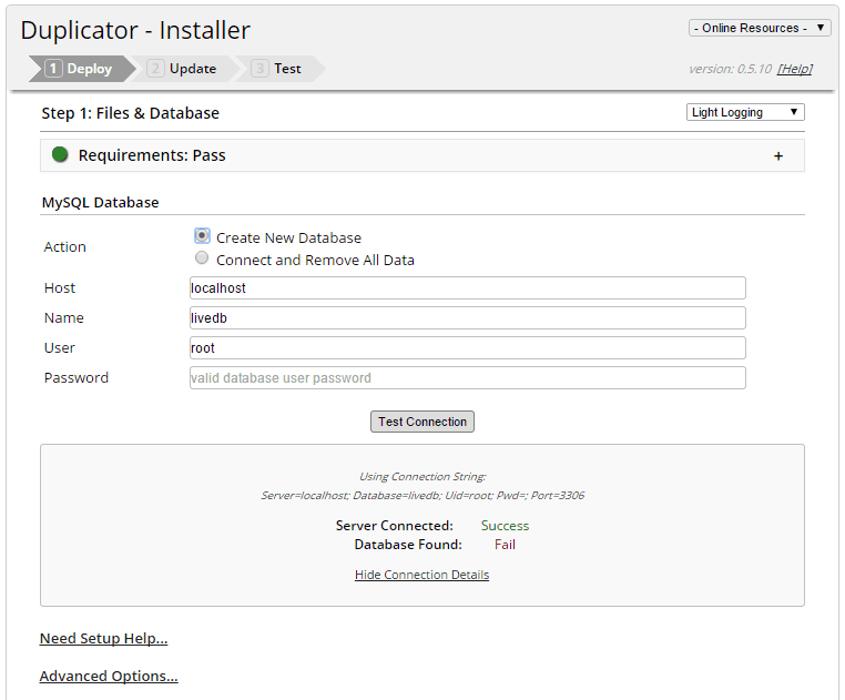 wordpress plugin duplicator, creating a new database