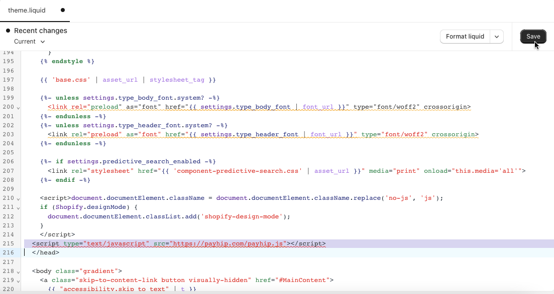 A screenshot of the theme.liquid page in Shopify's code editor