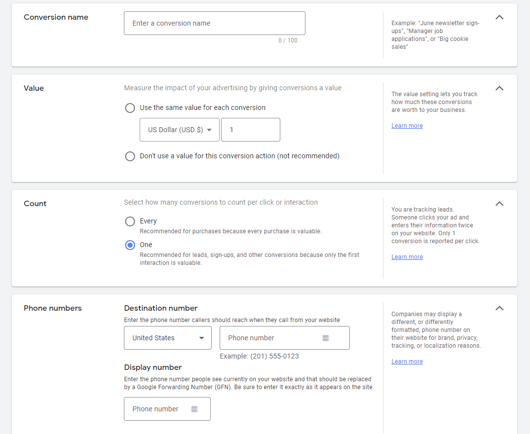 A screenshot of different types of conversions in Google Ads.