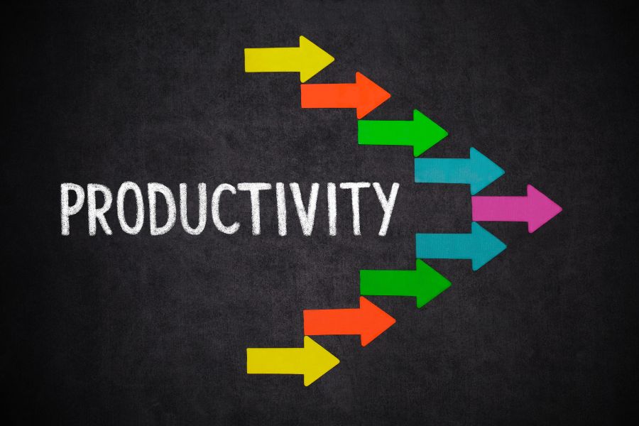 A colorful arrows pointing to the word productivity