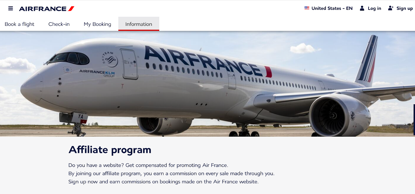 AirFrance affiliate program landing page