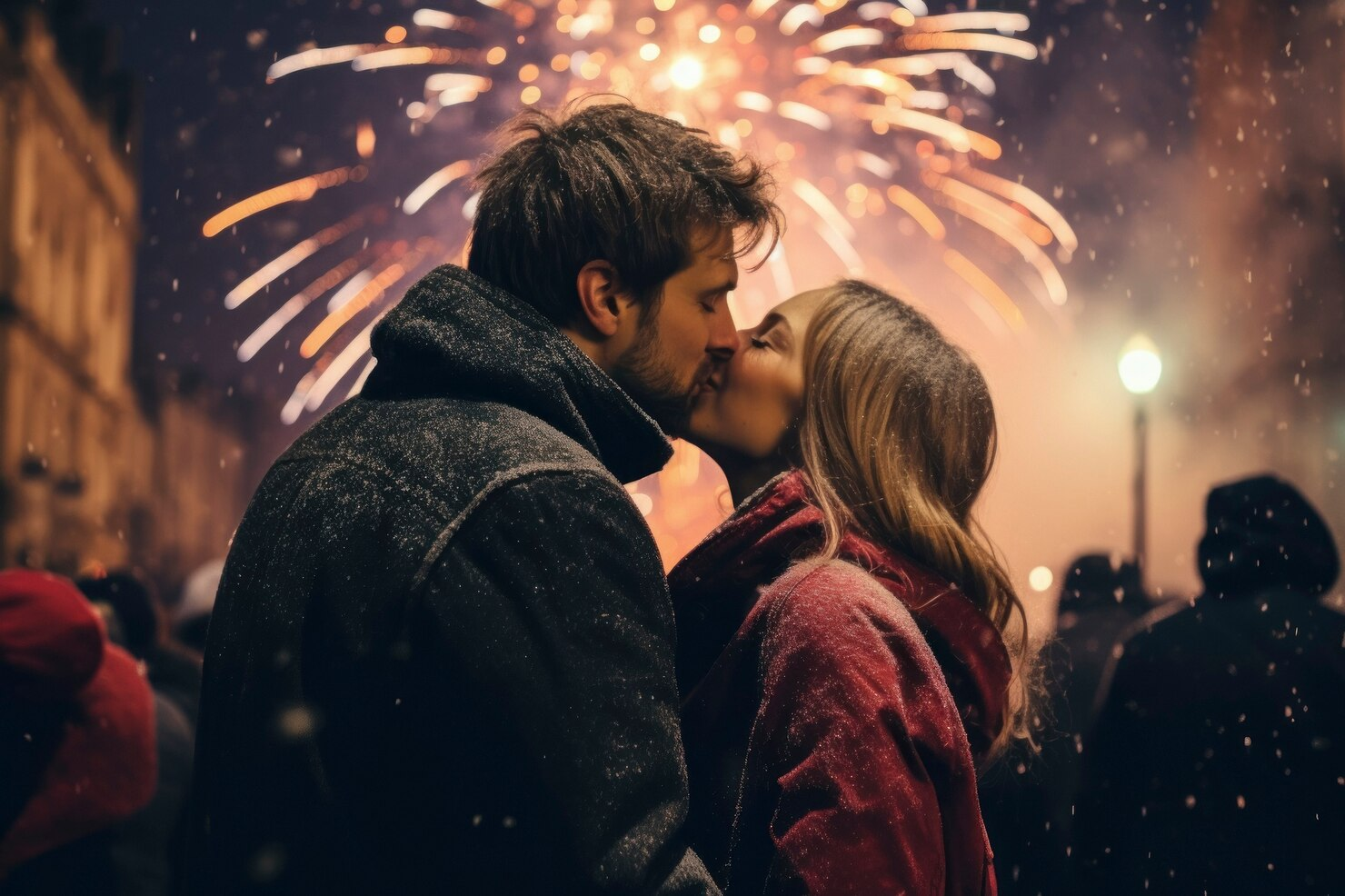 A couple kissing amidst the New Year fireworks.