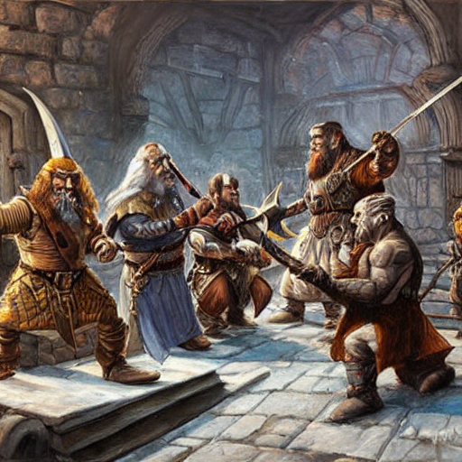 prompthunt: DnD dwarves in gladitorial duel. Epic painting by james gurney.