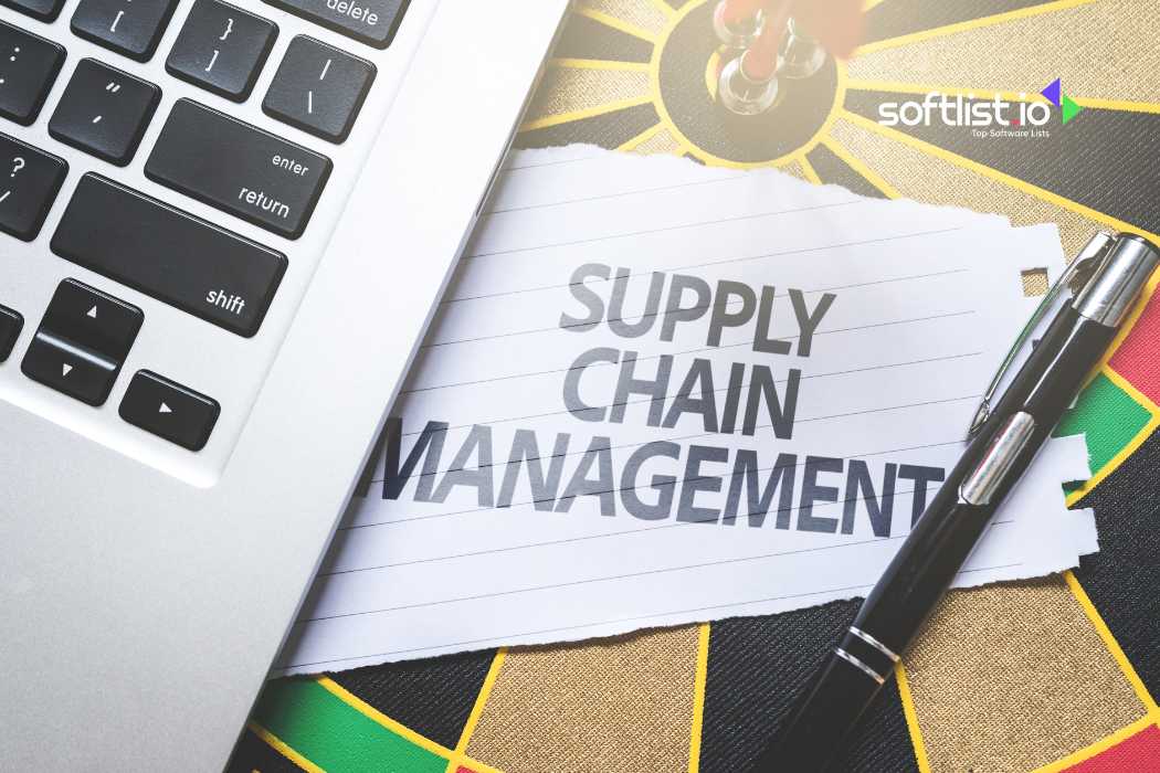 "Supply Chain Management" text next to a laptop and pen