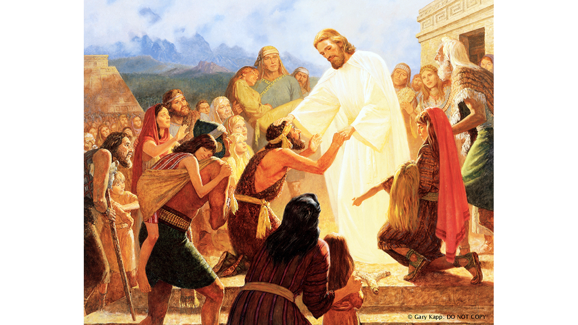 One of the most poignant moments in the Book of Mormon happened in 3 Nephi when Christ perceived the desires of the people that He tarry a little longer. Sensing their desire He invited them to bring their sick and afflicted to Him and He "healed them every one".    Gary Kapp began illustrating for the Church in 1963 at the BYU Graphic art department. Since then he has worked as an illustrator for the LDS Seminaries and Institutes, BYU motion picture studio, and Church Magazines. After 13 years, he began painting for major galleries, private commissions, temples and special projects.