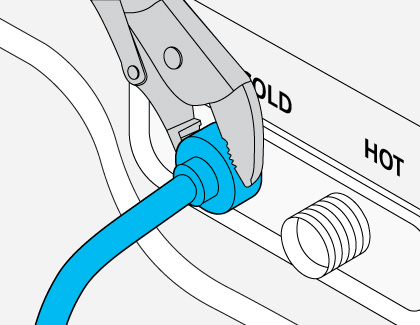 A illustration of a wrench tightening the cold water supply faucet.