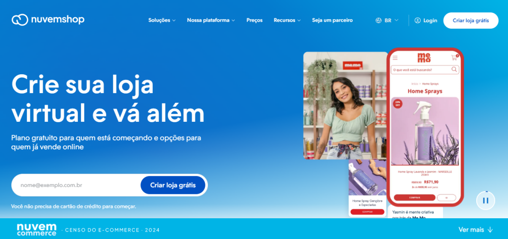 Início do site da NuvemShop indicando a facilidade de abrir um e-commerce