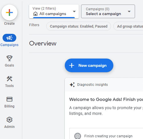 Create a new campaign in Google Ads to create Dynamic Search Ads