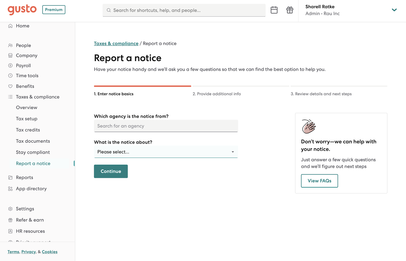 Gusto displays its report a notice dashboard with two questions asking “Which agency is the notice from?” and “What is the notice about?”