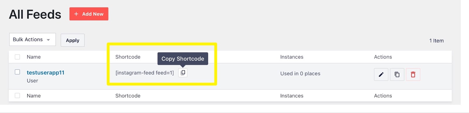 Screenshot of how to embed your Instagram feeds using shortcode.