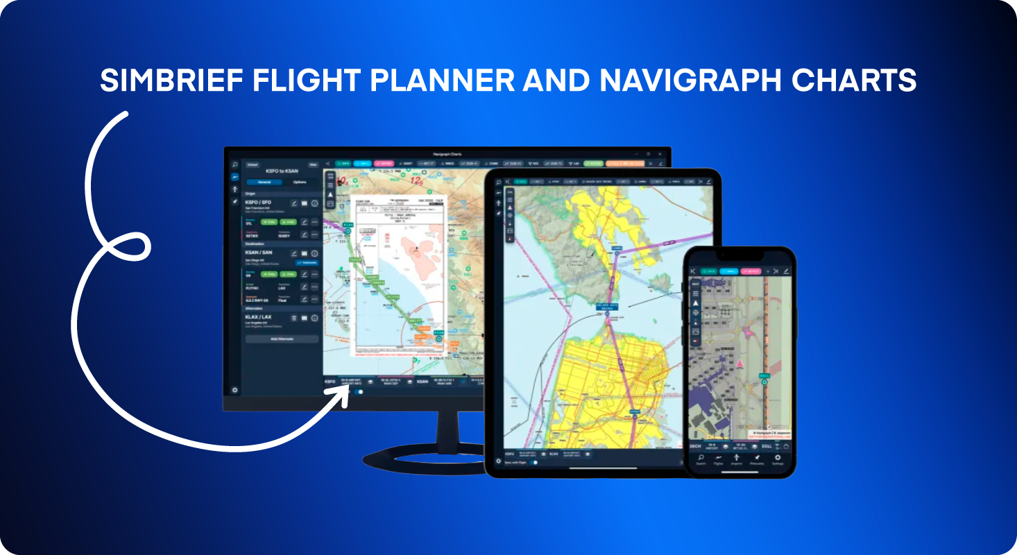 SimBrief and Navigraph Charts on PC, tablet, and phone.