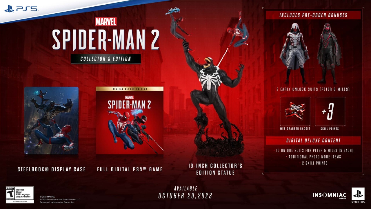 An image of the pre-order bonuses included with the collector's edition of Marvel's Spider-Man 2. 