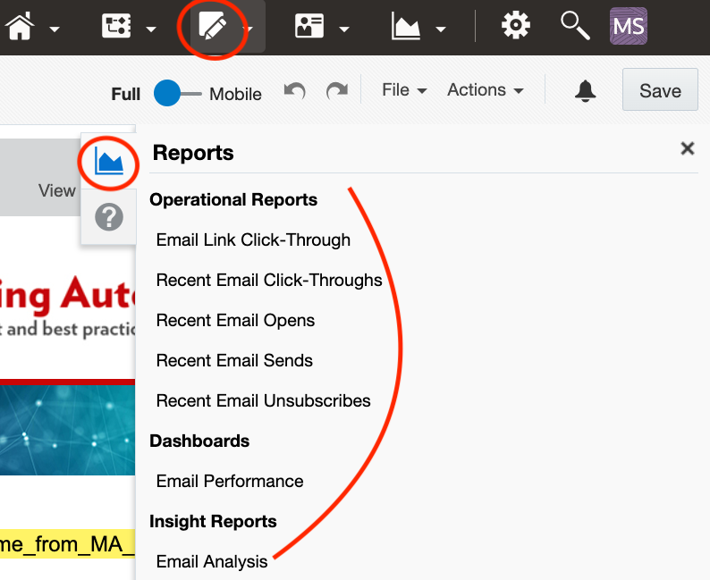 Image of Eloqua Email list of links in the right nav. bar