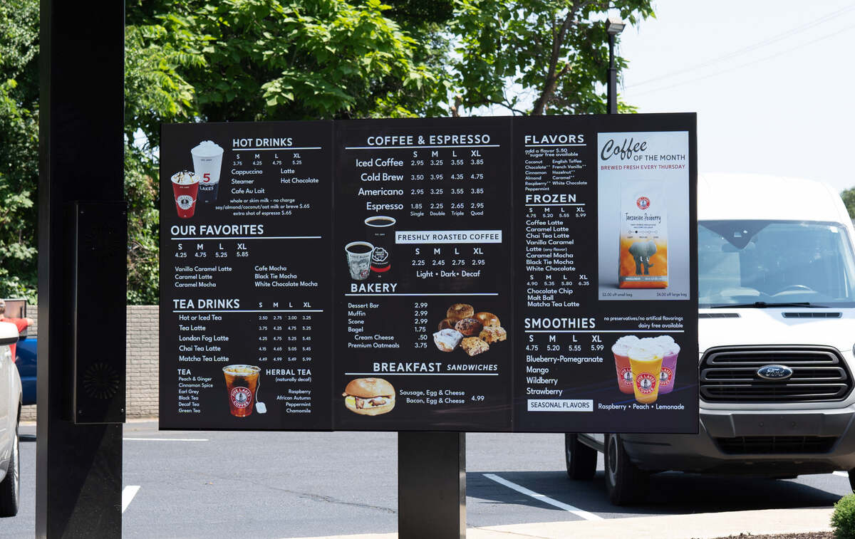  Five Lakes Coffee menu on a digital signage screen