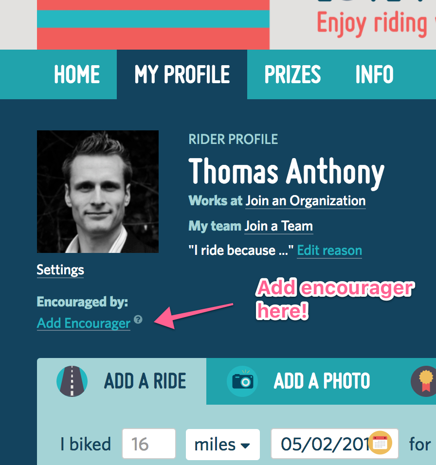 A screenshot highlighting the 'add an encourager' button underneath the profile picture on a user profile