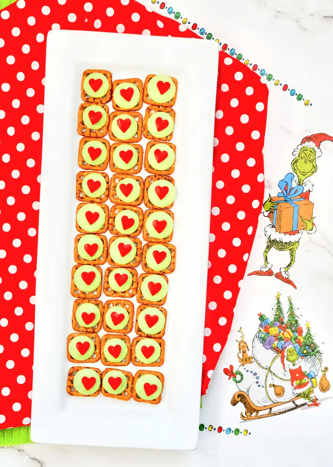 grinch chocolate covered pretzels and gift tags 