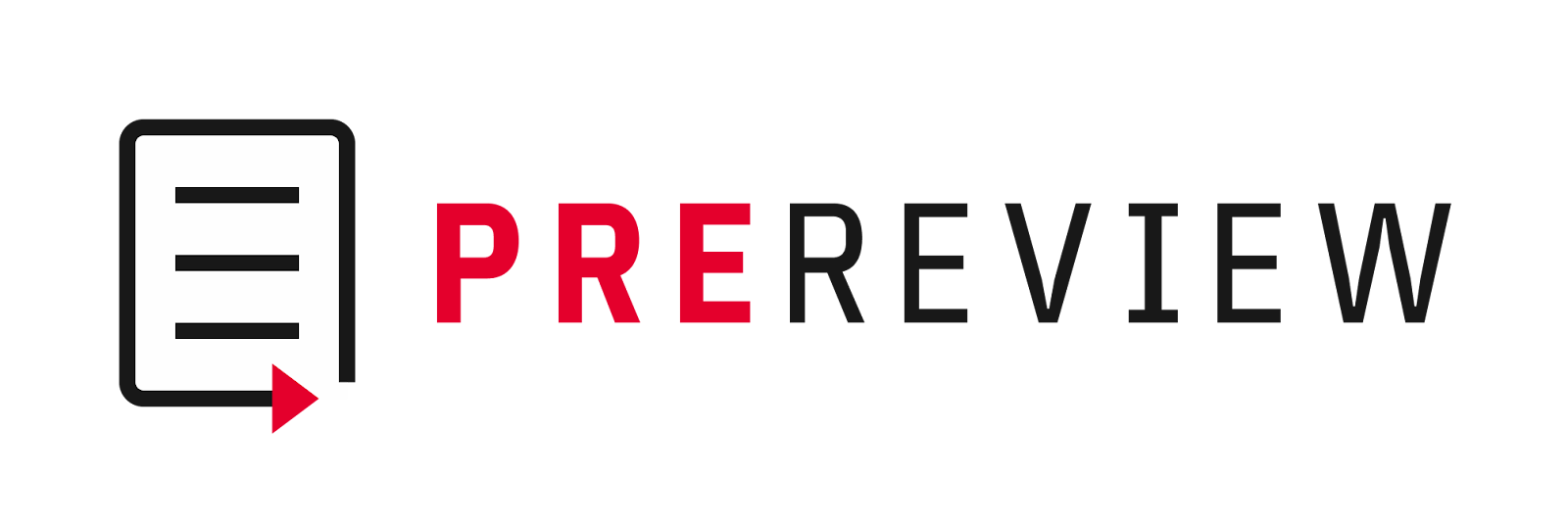The PREreview logo showing an icon of a piece of paper with a forward-pointing arrow on its bottom edge pointing towards the PREreview wordmark