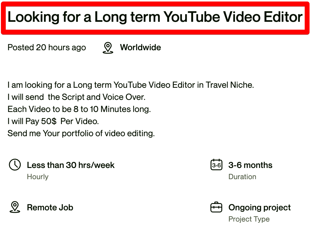 Screenshot of someone looking to hire a YouTube video editor in the travel niche, with a pay of $50 per video. 