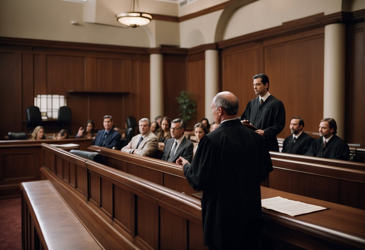A courtroom scene with a lawyer presenting defense strategies for a drug offense case. The judge and jury are focused on the lawyer's argument