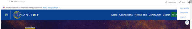 Planet OIT homepage banner with View profile, Edit profile, and Log out options highlighted in the dropdown menu.