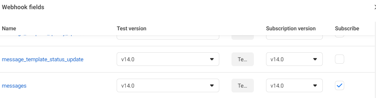 Webhook Configuration: Selecting Fields for Subscription and Testing