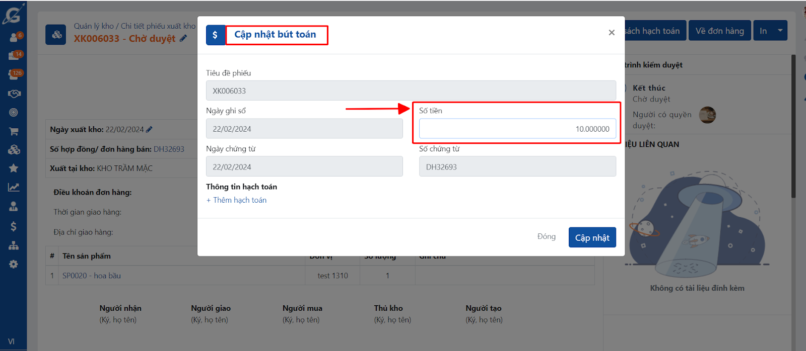 Cho phép điều chỉnh số tiền khi tạo hạch toán phiếu xuất nhập kho