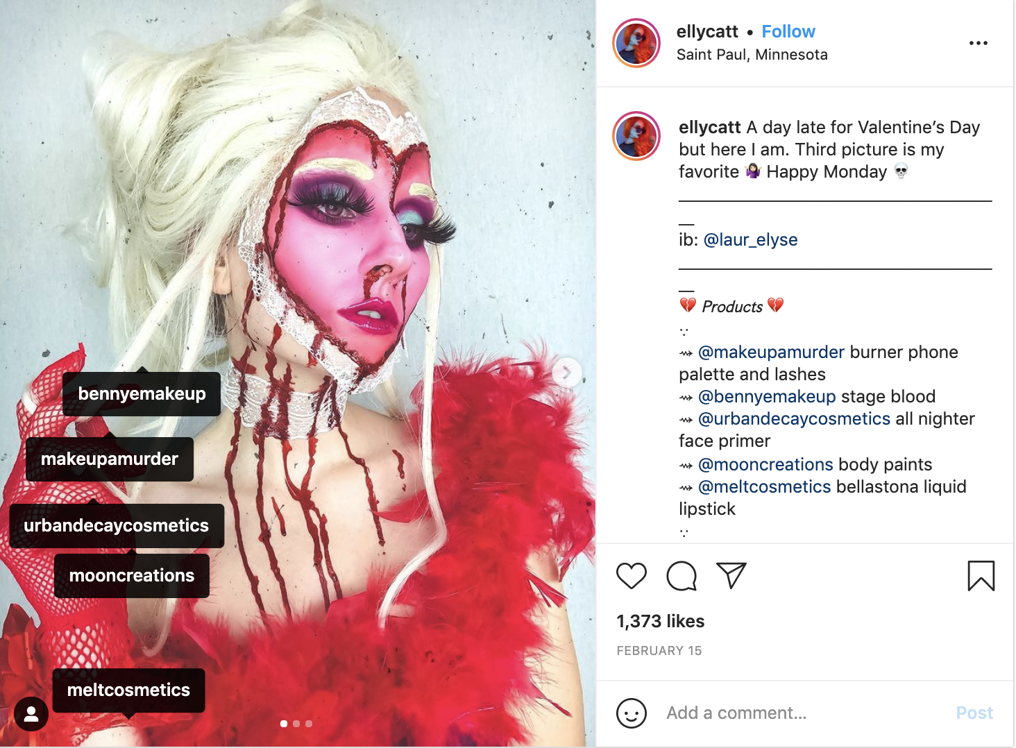 Screenshot of Instagram post featuring influencer in extreme Valentine's Day (or perhaps anti Valentine's Day) makeup. Her entire face is a pink, red, and purple heart surrounded by lace. Face blood trickles from the heart down her neck