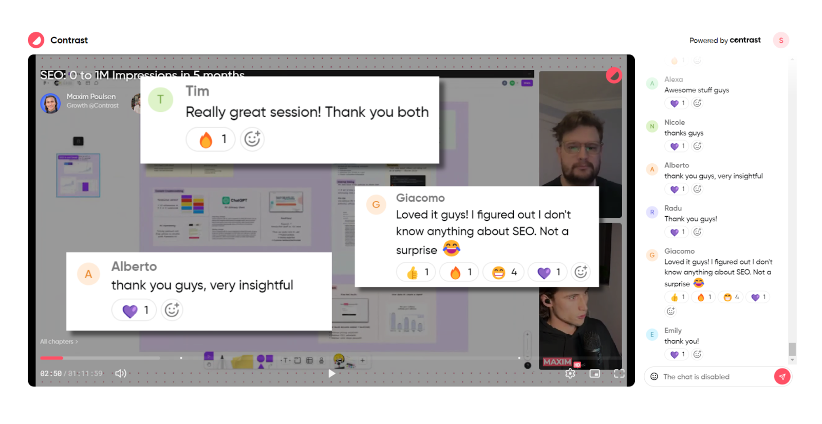 Screenshot of a webinar hosted on Contrast and the messages in the live chat