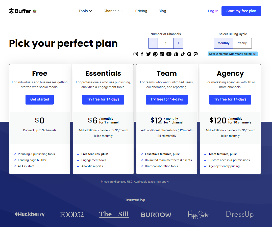 The web page for Buffer's pricing plans. 