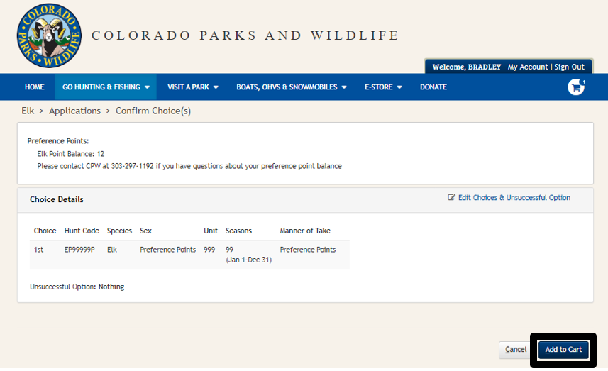 Confirmed elk hunt code choices. Highlight blue "Add to Cart" button in the lower right-hand corner. 