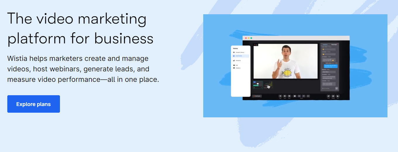 Landing page da Wistia com o seguinte título " The video marketing platform for business" e subtítulo "Wistia helps marketers create and manage videos, host webinars, generate leads, and measure video performance—all in one place." Há um botão CTA "Explore Plans" e um vídeo que começa automaticamente ao lado do texto.