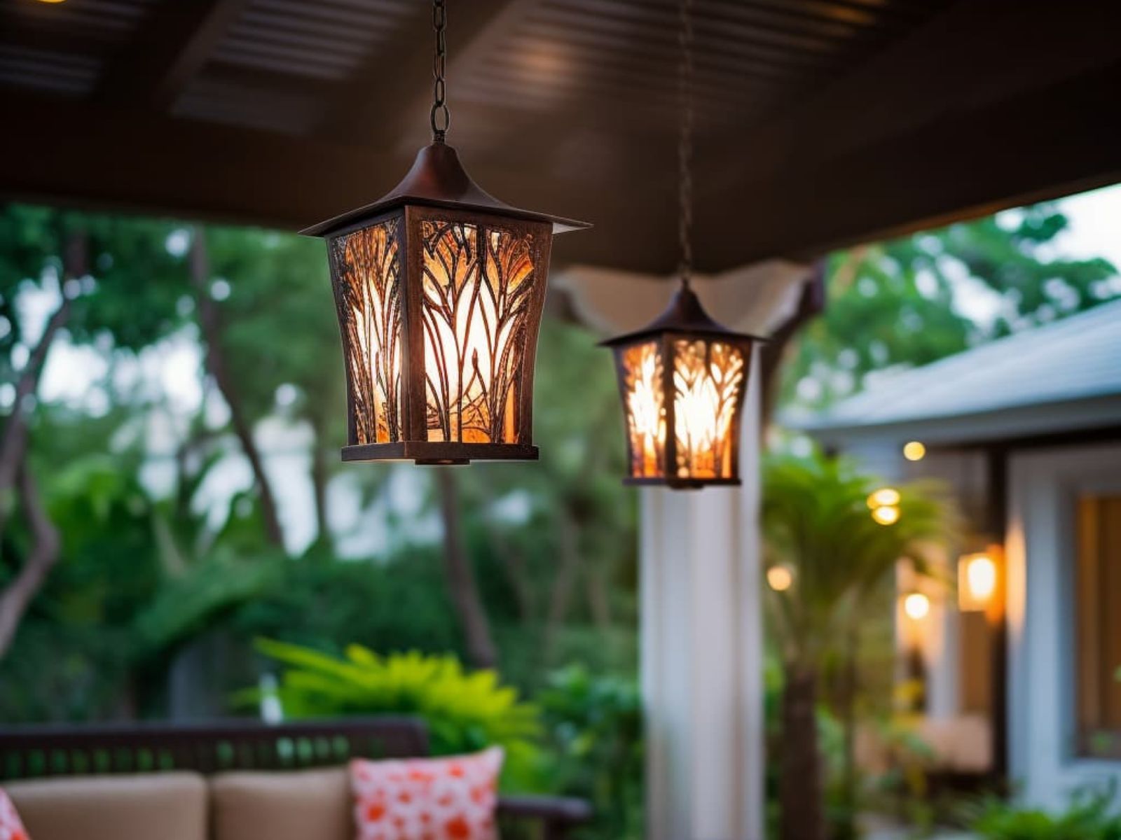 Pendant lights hanging from a patio roof