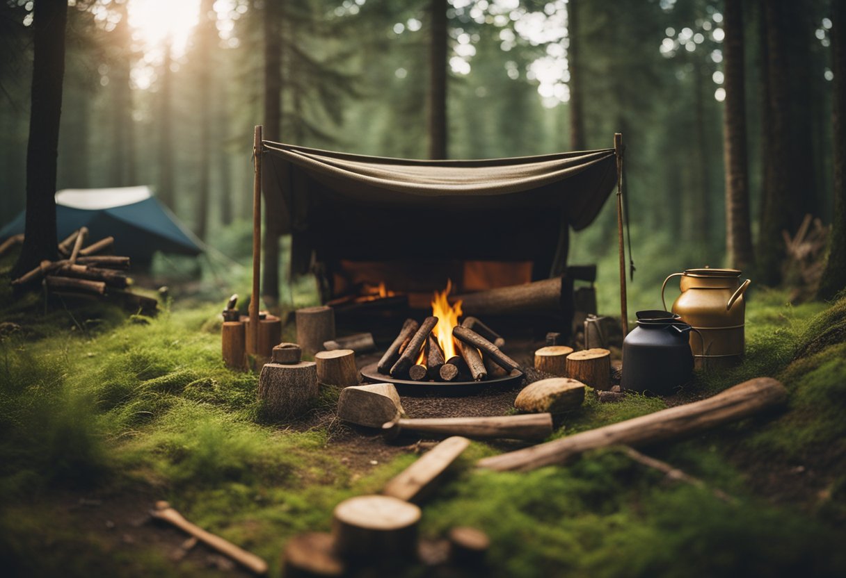 A cozy campfire surrounded by handcrafted shelters and tools in a lush forest clearing