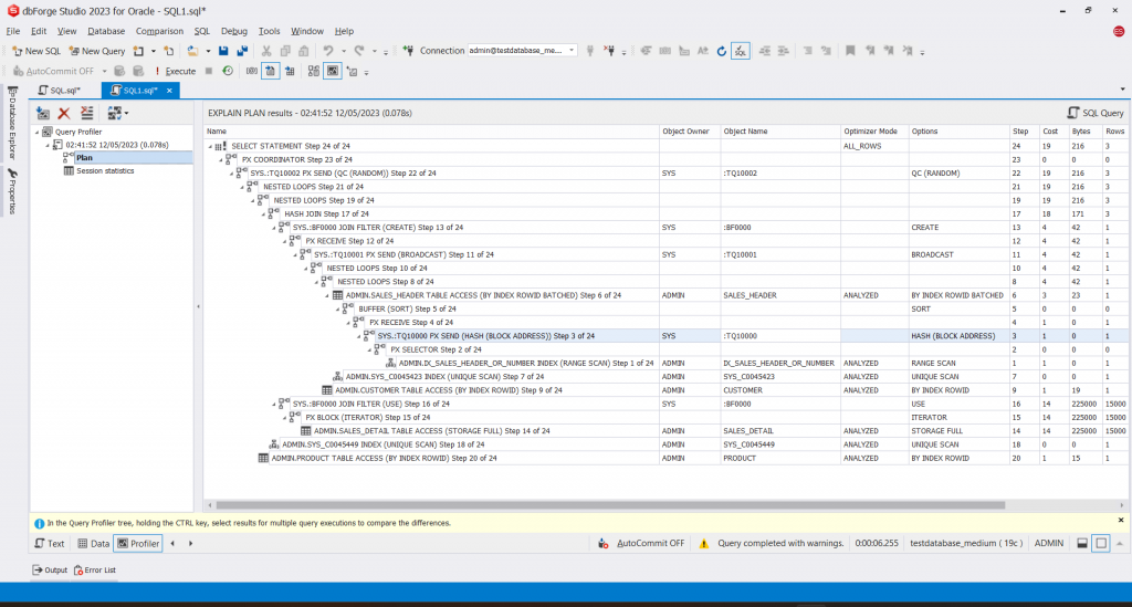 The EXPLAIN PLAN in dbForge Studio for Oracle.