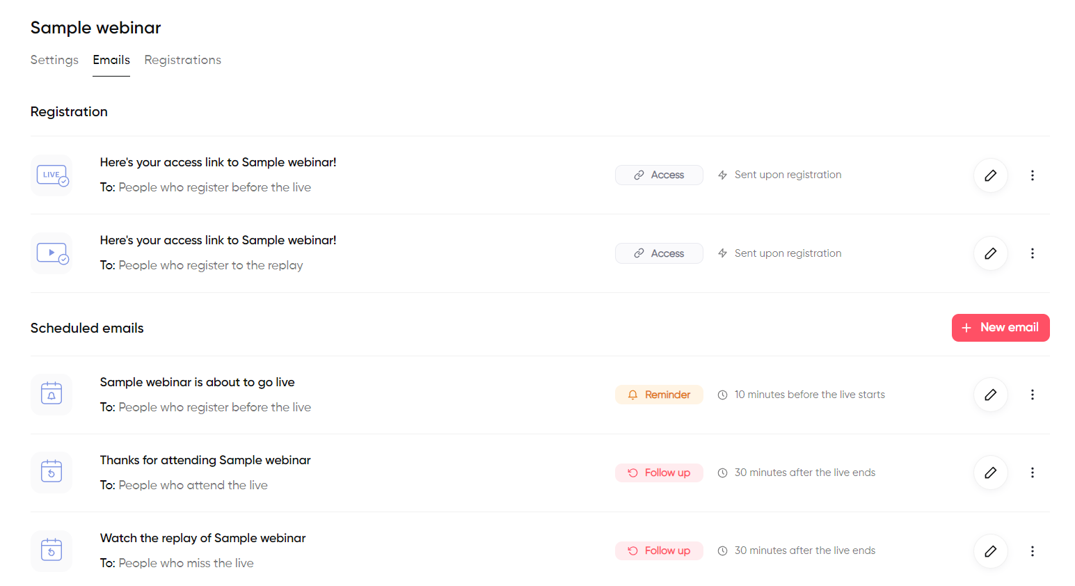 Screenshot of Contrast’s webinar platform showing how to customize emails