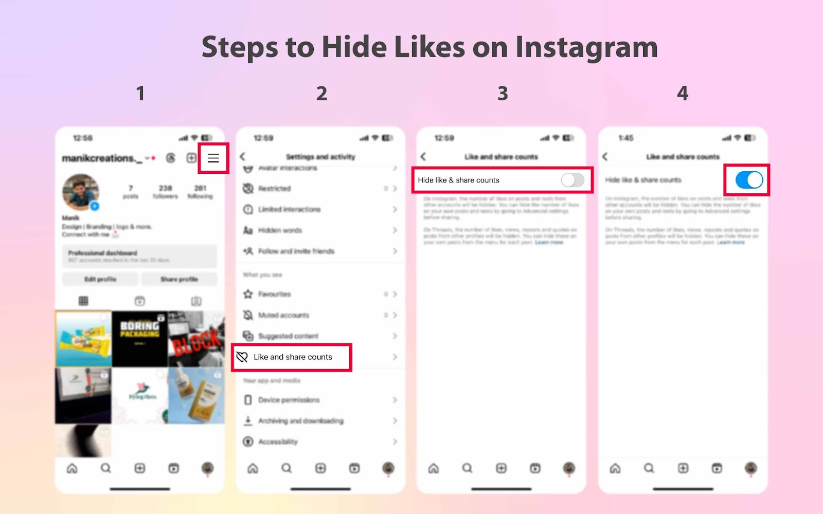 Steps of how to hide likes on instagram