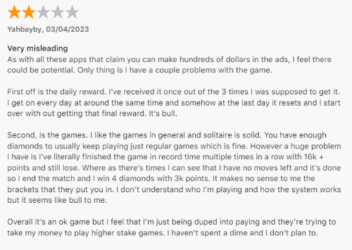 A 2-star Solitaire King review from a user who doesn't understand why they lose when hitting high scores in record time and sometimes win when they're not doing nearly as well. 