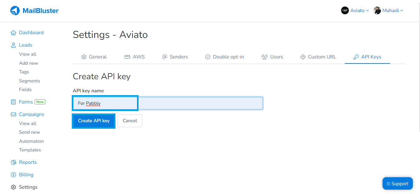 Create API key page in MailBluster