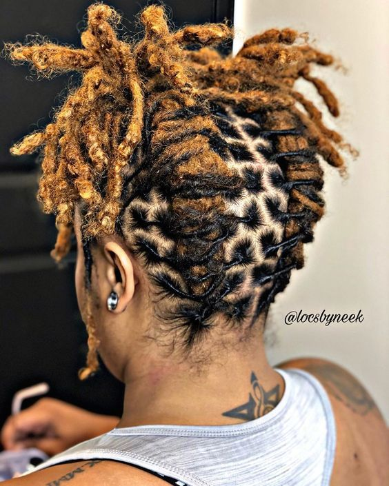 Loc styles for women: Back view of a  lady styling her gorgeous locs 