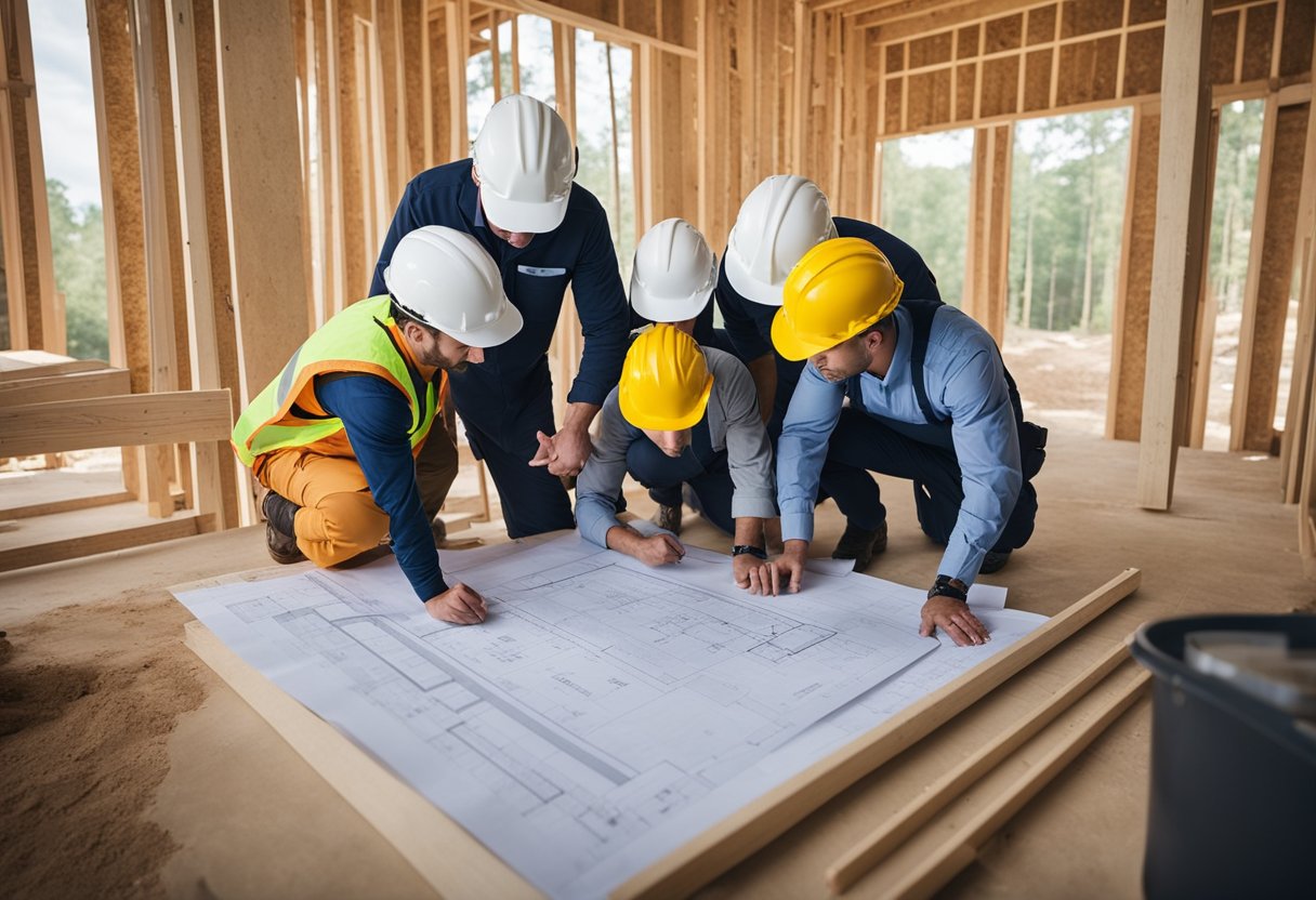A group of skilled workers gather around a blueprint, discussing plans for a custom home build in Cary, NC. Materials and tools are organized nearby, ready for construction